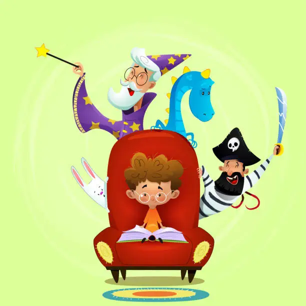 Vector illustration of Little boy read book sitting in chair.