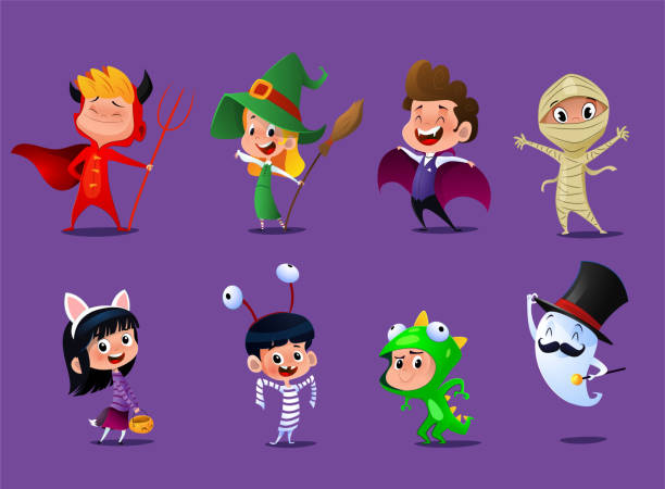 ilustrações de stock, clip art, desenhos animados e ícones de set of cute cartoon children in colorful halloween costumes - halloween witch child pumpkin