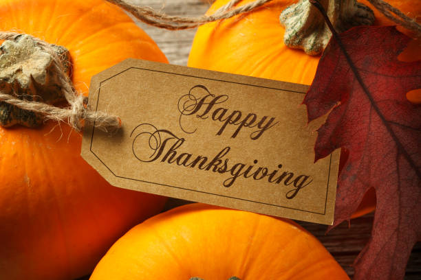 istock Happy Thanksgiving Tag Attached To Small Pumpkin 1056864644