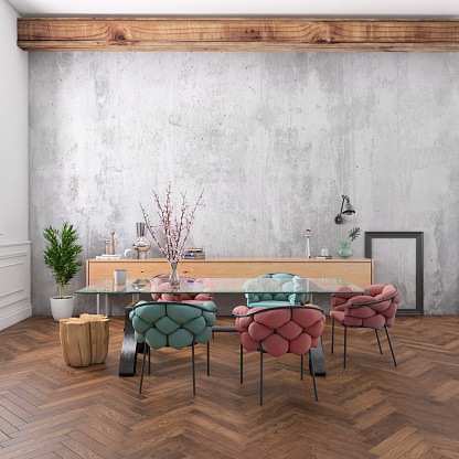 Nordic style office studio dining room interior with large table and chairs. freelance designer background template. Blank wall in the background. daylight scene, lot of details and decoration. Vibrant neon and pastel colored chairs. render