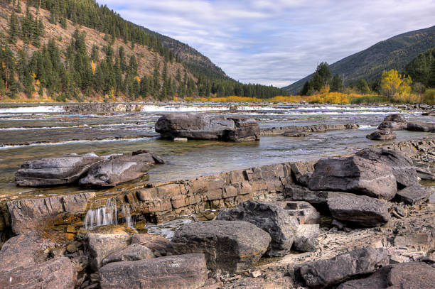 The low water of the Kootenai river by the Kootenai Falls near Libby, Montana.
