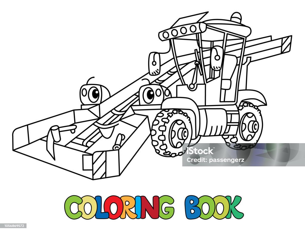 Funny snowthrower car with eyes. Coloring book Snowthrower. Small funny vector cute car with eyes and mouth. Children vector illustration. Municipal machinery for kids Agricultural Machinery stock vector