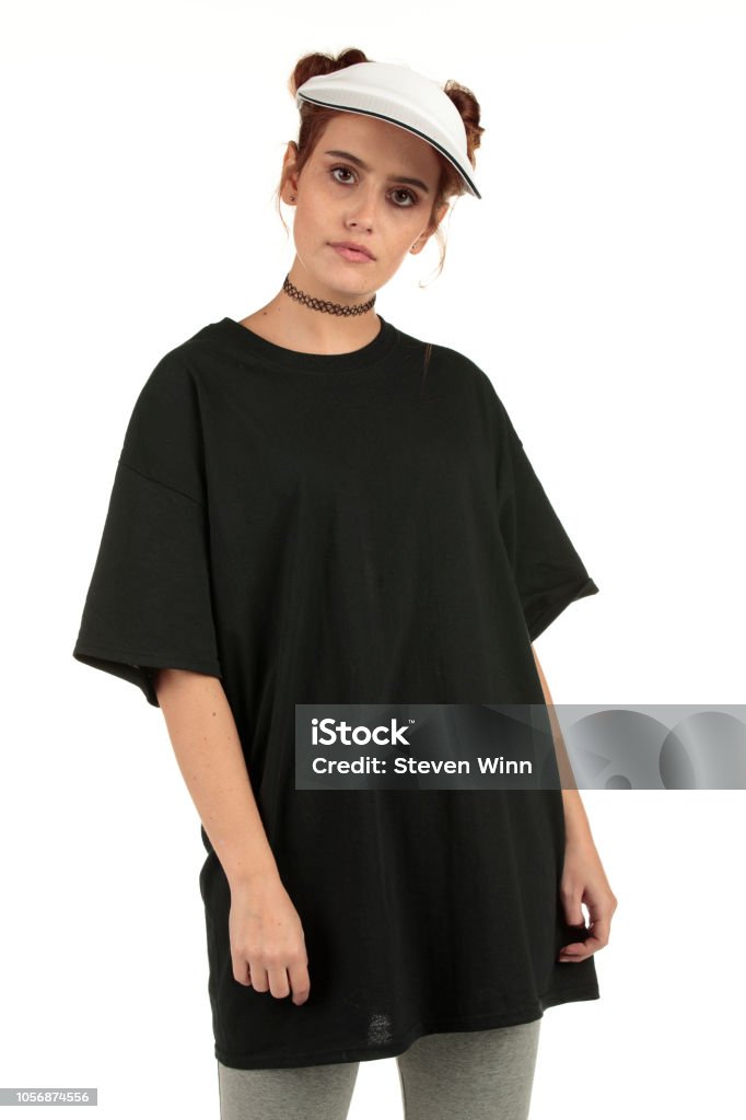 Liever vacuüm Identificeren Beautiful Street Wear Model Wearing An Oversized Tshirt Dress And Leggings  With Space For Your Logo Stock Photo - Download Image Now - iStock