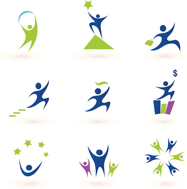 Collection of human business, success and money icons - blue vector art illustration