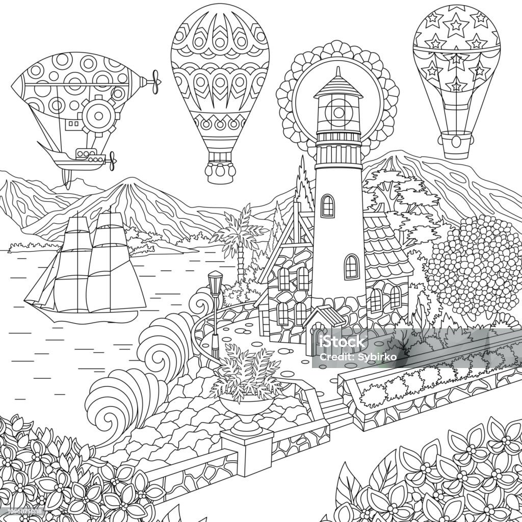 Coloring page of landscape with lighthouse Coloring page of landscape with lighthouse. Freehand sketch for adult coloring book. Hot Air Balloon stock vector