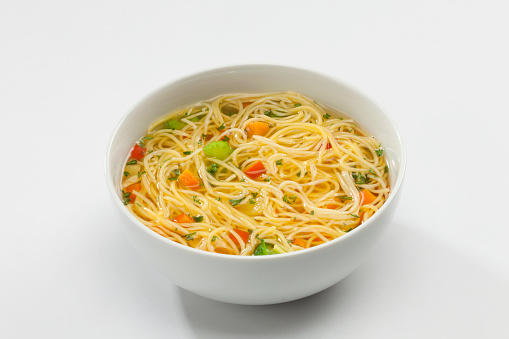 Noodles soup. Homemade style. Studio photography. High angle view.