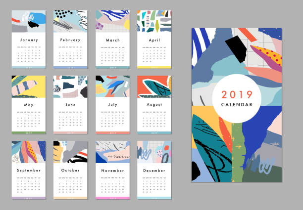 Calendar 2019. Printable creative template. Abstract modern art. calendar design stock illustrations