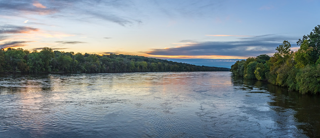 An early morning panoramic view of the Delaware River near Washington Crossing in Bucks County Pennsylvania.