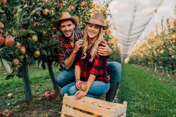 istock Couple hugging at apple orchard 1056885360