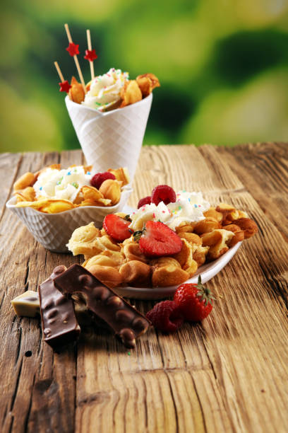 istock Hong Kong style egg waffle on wooden board. bubble waffle 1056885948