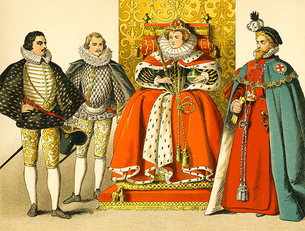 Court of Queen Elizabeth This vintage illustration depicts Queen Elizabeth I seated on her throne, with two noblemen standing to her right and the Knight of the Royal Garter standing to her left. Illustrated and painted by Albert Kretschmer (1825 - 1891), it was published in an 1882 collection of illustrated costumes of the world and is now in the public domain. elizabeth i of england photos stock illustrations