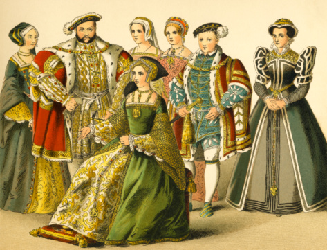 This vintage illustration depicts King Henry VIII standing with his members of his court. From left to right are Queen Anne Boleyn, Henry VIII, Queen Jane Seymour, Queen Catharine Parr, Princess Elizabeth, Edward VI, and Queen Mary Tudor. Illustrated and painted by Albert Kretschmer (1825 - 1891), it was published in an 1882 collection of illustrated costumes of the world and is now in the public domain.