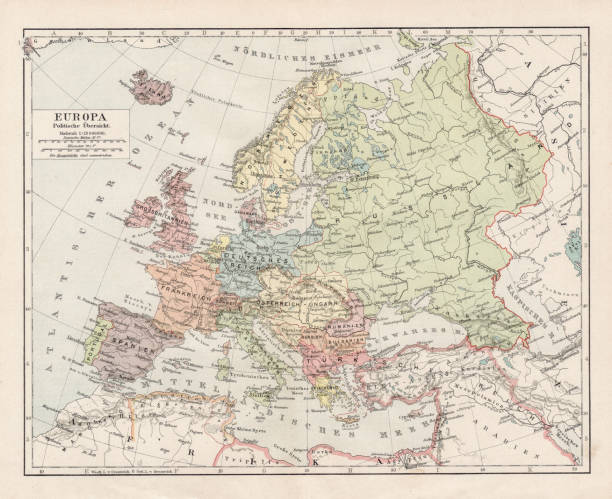 Map of Europe 1900 Meyers hand-Atlas Leipzig und Wien Verlag des Bibliographischen Instituts 1900 central europe stock illustrations