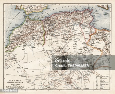 istock Map of Algeria, Morocco, Tunisia, 1900 1056886786