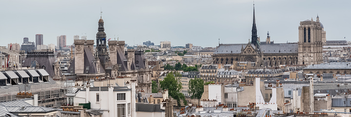 Paris, panorama of the city hall and the Notre-Dame cathedral on the ile de la Cite