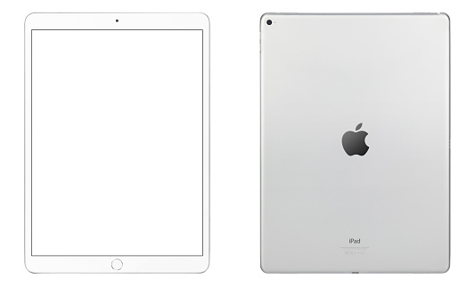 iPad Pro from Apple Computers with a blank white screen. Released 2017, June. it is Apple's iPad and it comes in two sizes: 10.5 inch and 12.9 inch.
