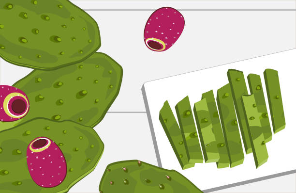 ilustrações de stock, clip art, desenhos animados e ícones de nopal cactus paddle and fruits, peeled and cut. national mexican cuisine food ingredient. - prickly pear fruit
