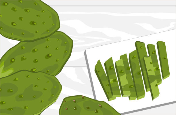 illustrazioni stock, clip art, cartoni animati e icone di tendenza di pagaia di cactus nopal, sbucciata e tagliata. ingrediente alimentare della cucina nazionale messicana. - prickly pear pad