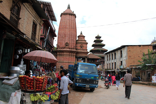 The street around Bhaktapur Durbar Square,an UNESCO Heritage in Kathmandu Valley. Taken in Nepal, August 2018.