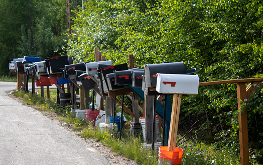 random mailboxes in buckets along a rural road in Alaska with multiple colors and shapes backed by green trees in the summer time, leaning to and fro