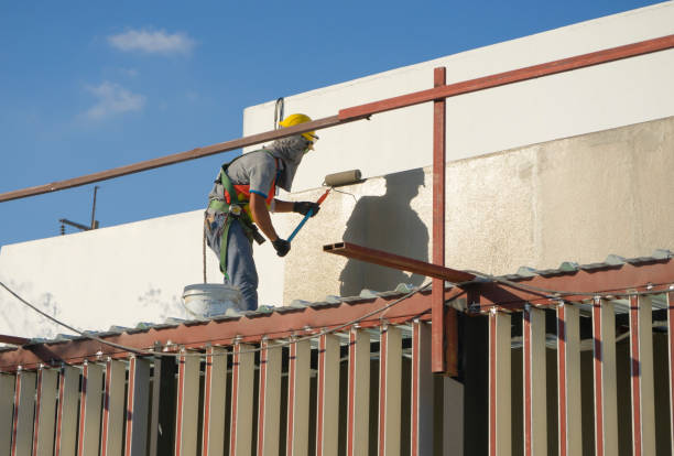 builder worker painting facade of high-rise building with roller builder worker painting facade of high-rise building with roller steeplejack stock pictures, royalty-free photos & images