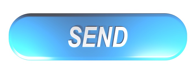 A blue rounded rectangle push button with the write SEND - 3D rendering illustration