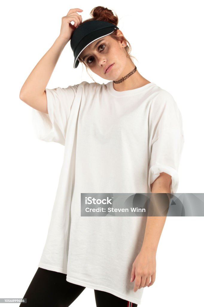 Attitude Model Wearing An Xl Designless White Tee Dress In A Streetwear  Style For You To Add Your Graphics Stock Photo - Download Image Now - iStock