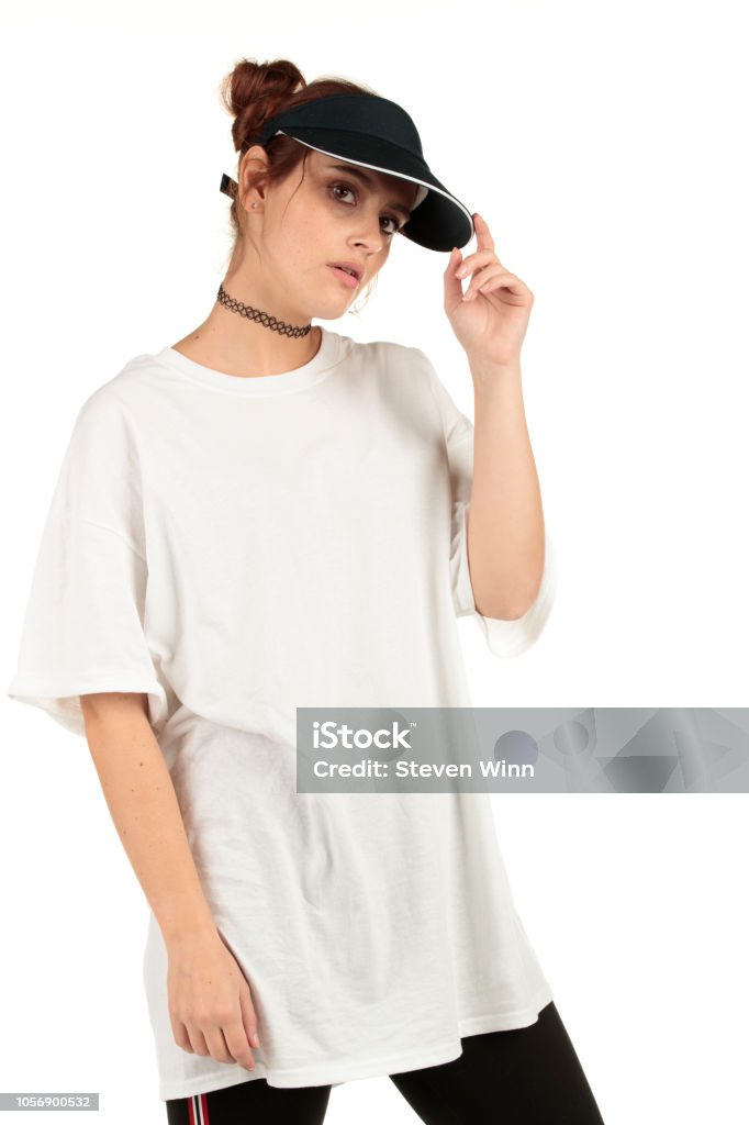 Attitude Model Wearing An Xl Designless White Tee Dress In A Streetwear  Style For You To Add Your Graphics Stock Photo - Download Image Now - iStock