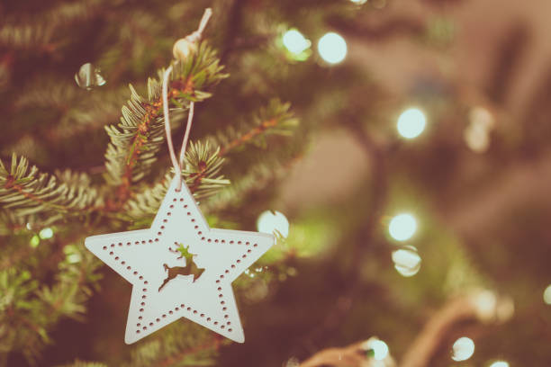 istock Wooden bauble on christmas tree with bokeh light. 1056910512