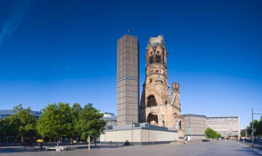 View of Kaiser-Wilhelmina-Gedachtnis-Kirche with blue skies