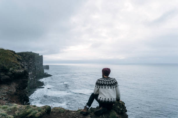 istock Man looking at scenic view from the cliff in Iceland 1056915824