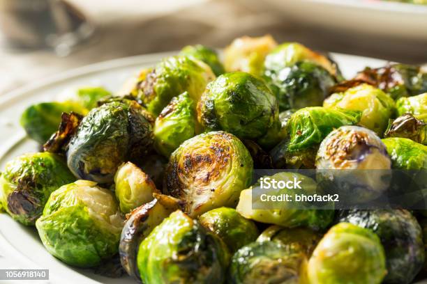 Healthy Roasted Brussel Sprouts Stock Photo - Download Image Now - Brussels Sprout, Roasted, Vegetable