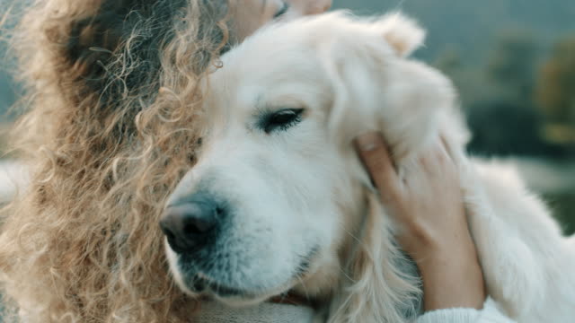 Woman hugging retriever dog