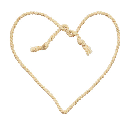 Cotton rope in a shape of heart isolated on white background. Top view.