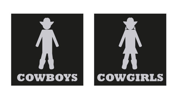 Cowboys and cowgirls vector toilet signs Vector icons of cowboys and cowgirls toilet or wc signs with text on a black background. Illustration is isolated on a white background. designate stock illustrations