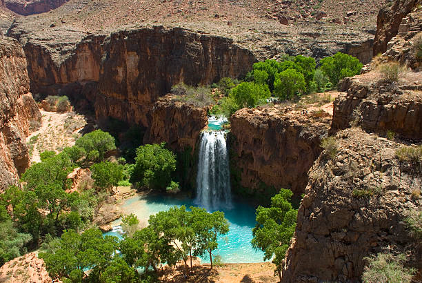 Havasu Falls Waterfall From Above Showing Desert Landscape Havasu Falls Oasis in the middle of the Arizona Desert havasu falls stock pictures, royalty-free photos & images