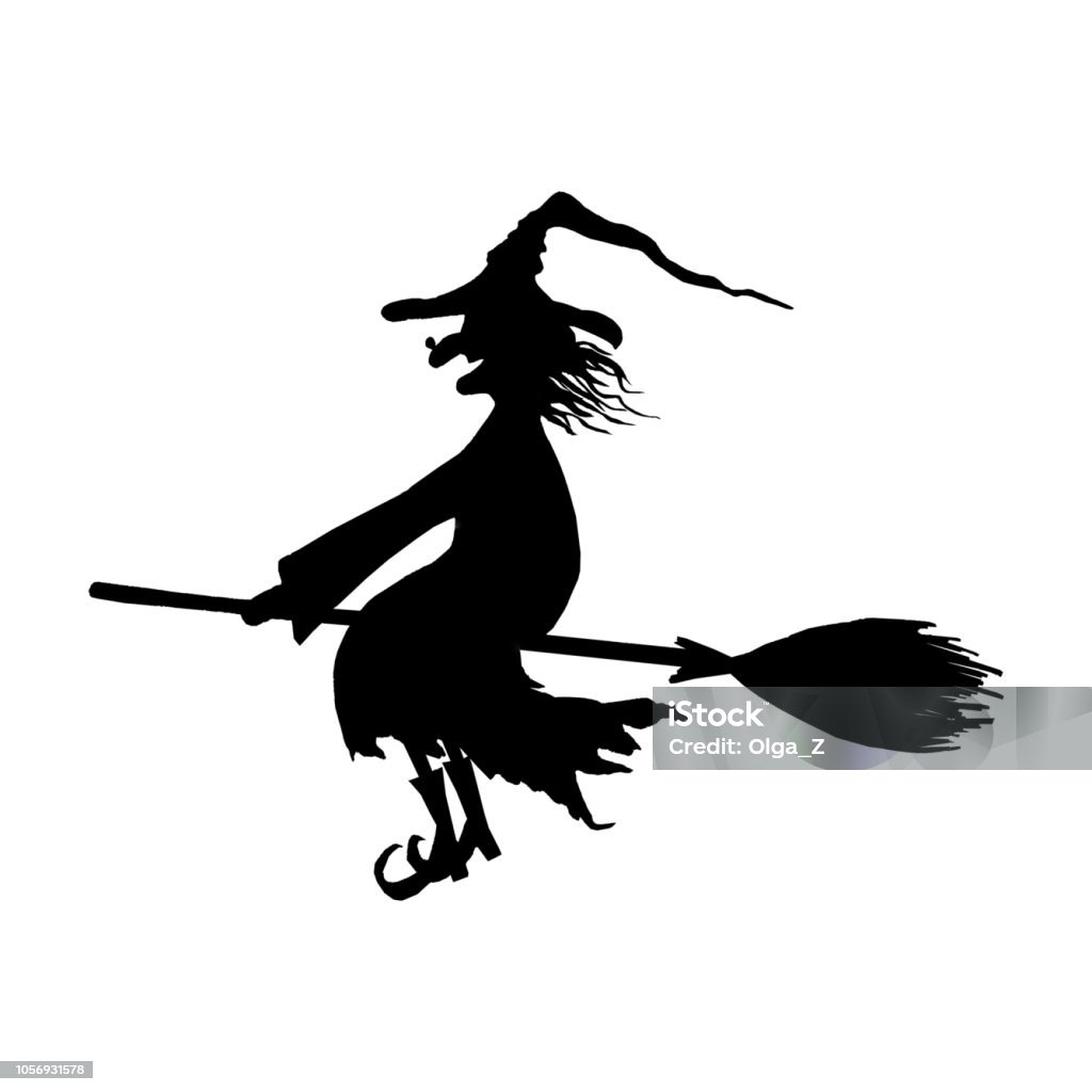 Silhouette of halloween smiling wicked witch on broomstick Halloween witch. Silhouette of smiling wicked witch flying on broomstick with hat with a wart on the nose isolated on white background. Icon illustration Adult stock vector