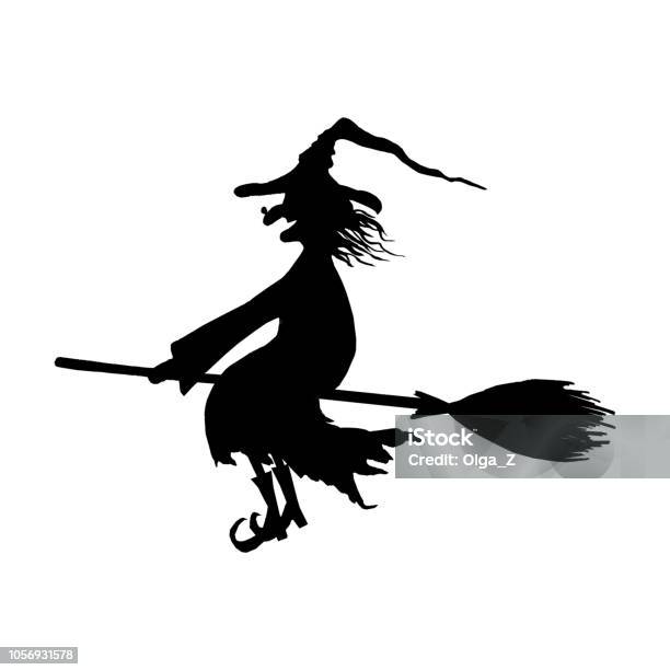 Silhouette Of Halloween Smiling Wicked Witch On Broomstick Stock Illustration - Download Image Now
