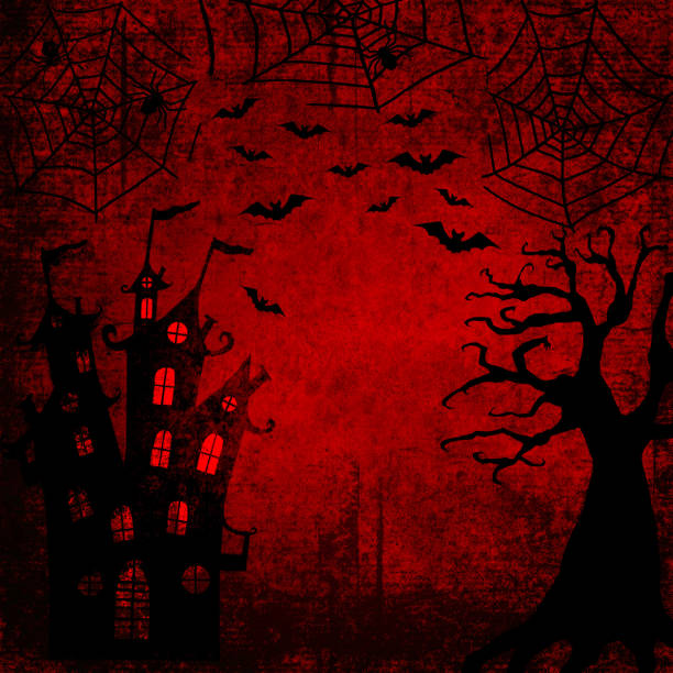 Halloween bloody red background with bats, terrible dead tree, spiders, webs and castle vector art illustration