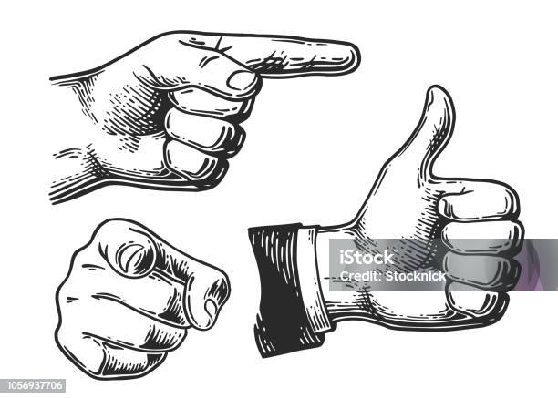 Hand Gesture Engraving Set 3 Stock Illustration - Download Image Now - Pointing, Hand, Finger