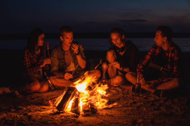 istock young friends have picnic with bonfire on the beach 1056937824