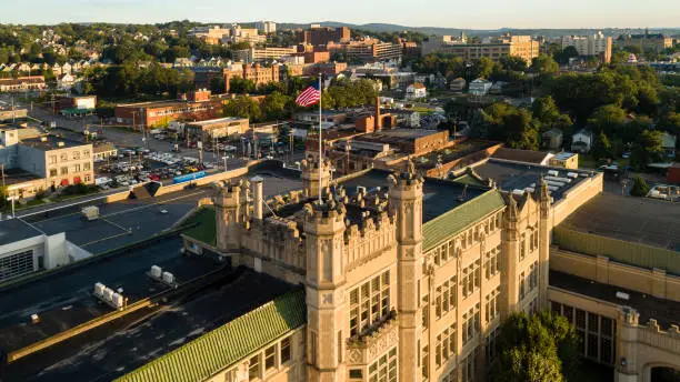 The aerial view of the city of Scranton at sunset. Pennsylvania, USA