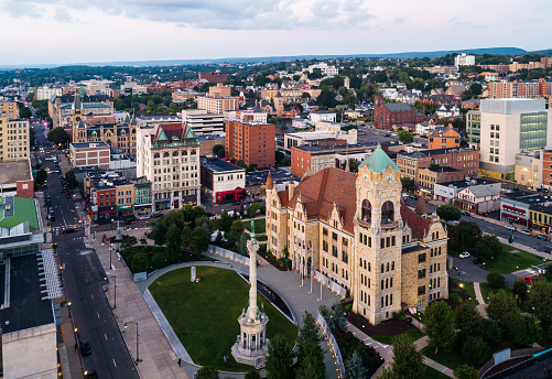 The aerial view of the City Hall and Downtown District of Scranton at sunset. Pennsylvania, USA