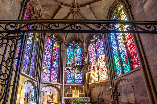 METZ, FRANCE - AUG 26, 2018: interior view of Cathedral of Saint-Etienne Metz Lorraine Moselle France with colorful stained windows.