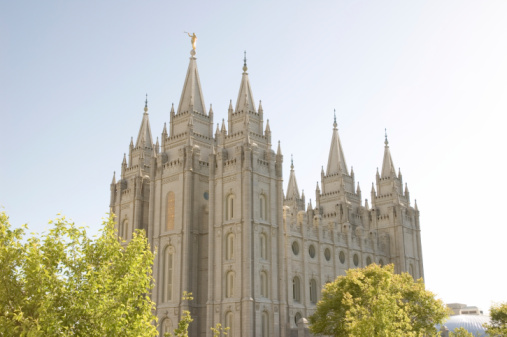 View of Salt Lake Temple against sky, Salt Lake City, Utah, USA.