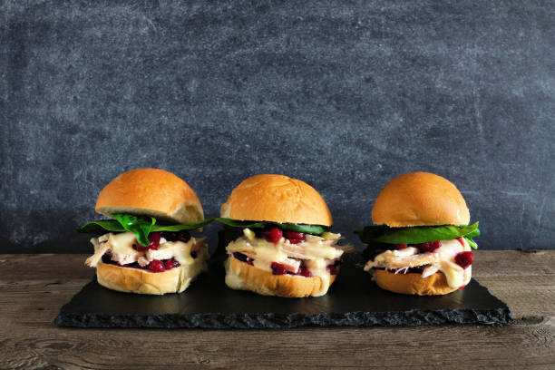 sanduíches de peru assado com molho e queijo, contra um fundo escuro - sandwich turkey cranberry cheese - fotografias e filmes do acervo