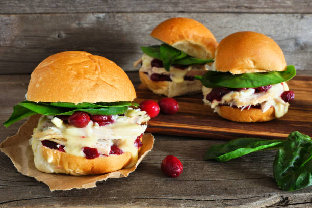 panini di tacchino arrosto con salsa di mirtilli rossi e formaggio contro il legno - turkey burger foto e immagini stock
