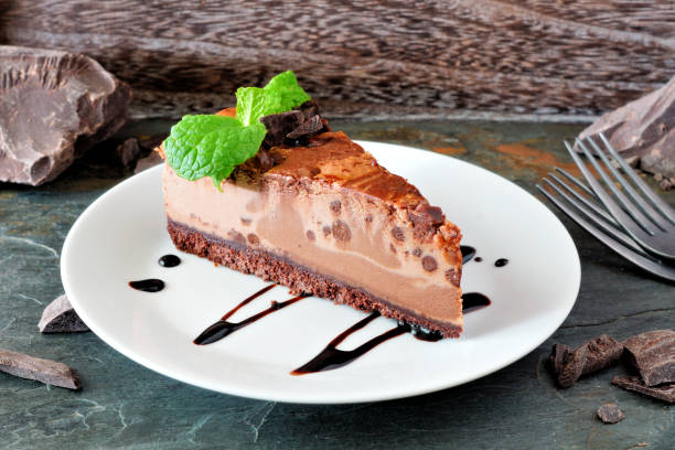 istock Slice of chocolate cheesecake, close up, with a dark background 1056955558