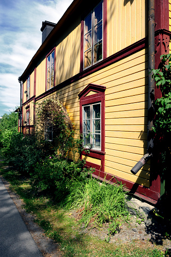 Sigtuna, Sweden - 09.02.2022: Stora Gatan, main historical street of Sigtuna, oldest town in Sweden. Cloudy day of summer