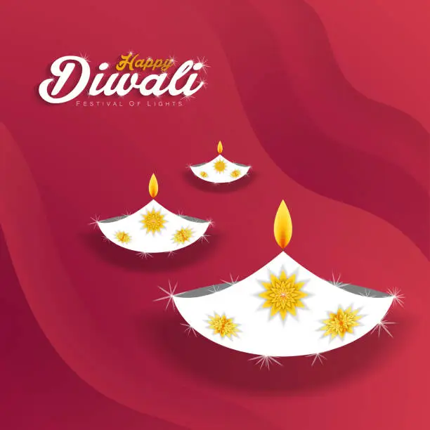 Vector illustration of Diwali festival holiday design with gold and paper cut style of Indian Rangoli. pink color background. Vector illustration.